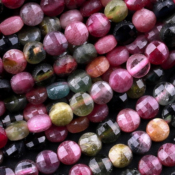 Faceted Natural Tourmaline Coin Beads 4mm Vibrant Fuchsia Red Pink Green Gemstone 15.5" Strand