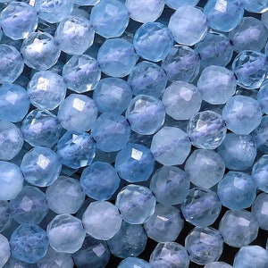 AAA Faceted Natural Blue Aquamarine 2mm 3mm 4mm 5mm 6mm 7mm Round Beads Super Translucent Micro Laser Diamond Cut Gemstone 15.5&quot; Strand