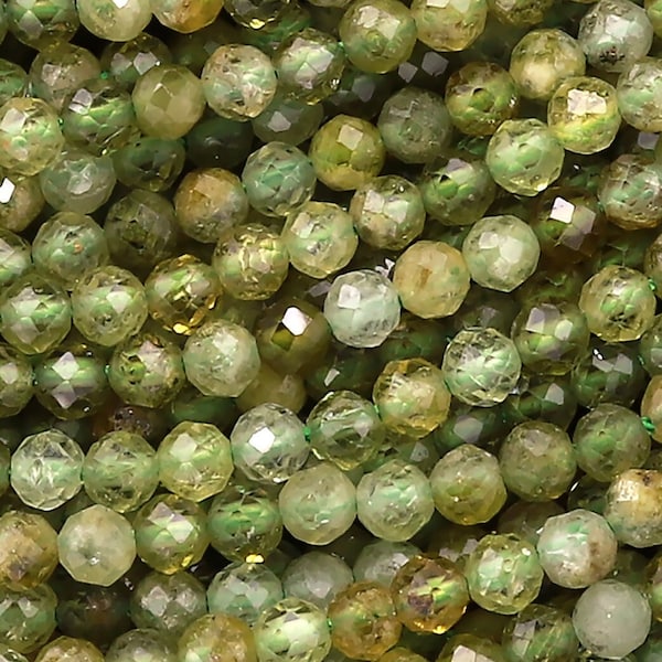 AAA Micro Faceted 2mm 4mm Natural Green Garnet Round Beads Sparkling Laser Diamond Cut Gemstone 15.5" Strand