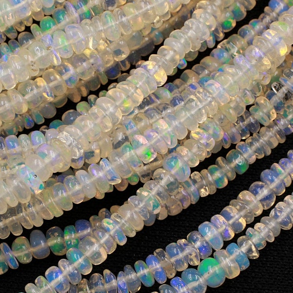 AAA White Ethiopian Opal Smooth Rondelle Beads Graduating 3mm 5mm Super Flashy Fiery Rainbow Iridescence 16" Strand