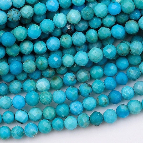 Turquoise bleue naturelle AAA 2 mm 3 mm, perles rondes à facettes, véritable pierre précieuse micro taillée sur fil 15,5 po.