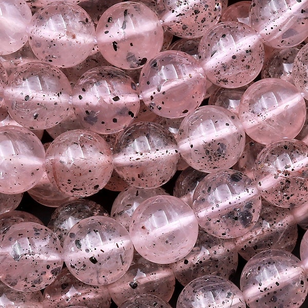 Rare Natural Black Hematite in Pink Strawberry Quartz 4mm 6mm 8mm 10mm 12mm Round Beads Rare Crystal Powerful Energy Stone 15.5" Strand