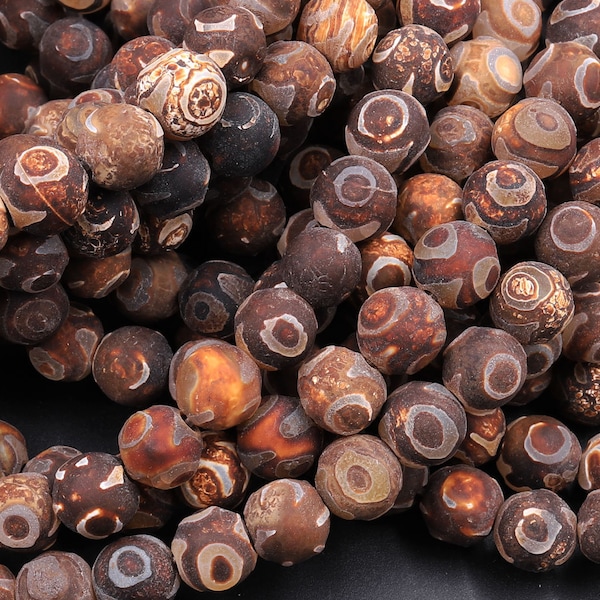 Tibetan Agate 6mm 8mm 10mm Round Beads Dzi Agate Brown Etched Eye Matte Mala Antique Boho Beads 15.5" Strand