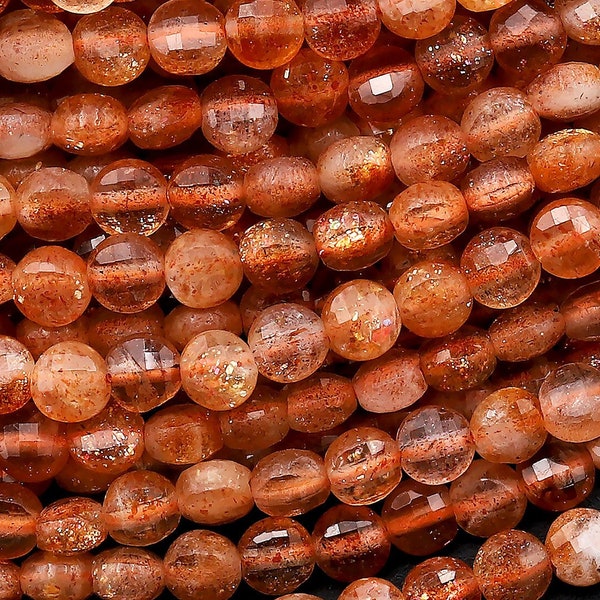 AAA Fiery Natural Sunstone Faceted 4mm Coin Beads 15.5" Strand