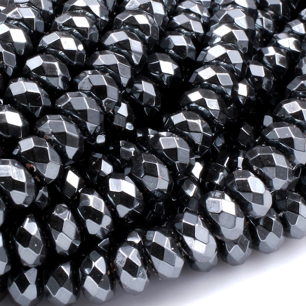 Faceted Hematite Rondelle beads 3mm 4mm 6mm 8mm Diamond Micro Cut Sparkling Natural Black Gemstone 15.5" Strand