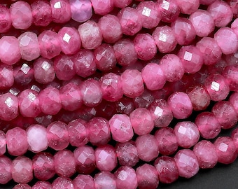 AAA Faceted Natural Pink Tourmaline Rondelle 3mm 4mm Beads Diamond Cut Gemstone 15.5" Strand