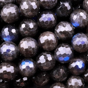 Rare Natural Black Labradorite Faceted Round Beads 6mm 8mm 10mm Blue Flashes 15.5&quot; Strand