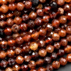 Natural Orange Brown Hessonite Garnet Faceted 3mm 4mm Round Beads Micro Faceted Diamond Cut Gemstone 15.5&quot; Strand