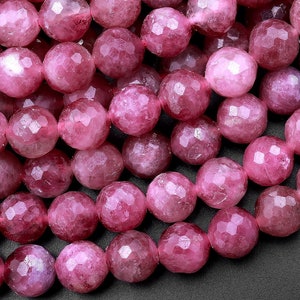 Faceted Natural Pink Tourmaline 7mm Round Beads Diamond Cut Gemstone 15.5" Strand