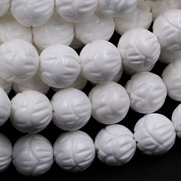 Natural White Tridacna Shell Beads Carved Lotus Flower Bloom Round Beads Pristine White 6mm 8mm 10mm 12mm 14mm Decorative Bead 15.5" Strand