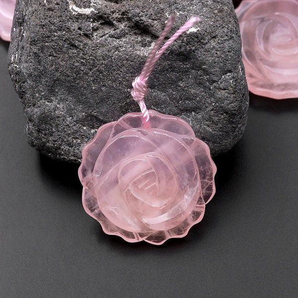 AAA Hand Carved Natural Pink Rose Quartz Flower Pendant Gemstone Focal Bead