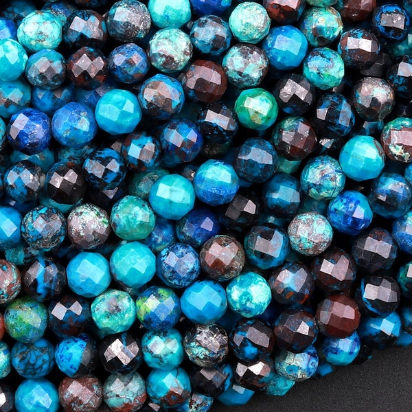 AAA Natural Azurite 2mm 3mm 4mm Faceted Round Beads Laser Diamond Cut Blue Gemstone 15.5" Strand