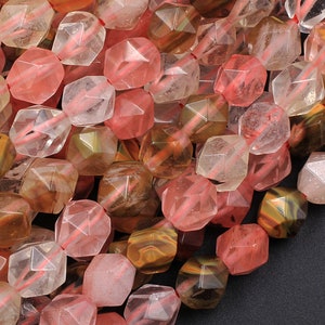 Star Cut Cherry Quartz Beads Faceted 6mm 8mm 10mm Rounded Nugget Sharp Facets 15" Strand