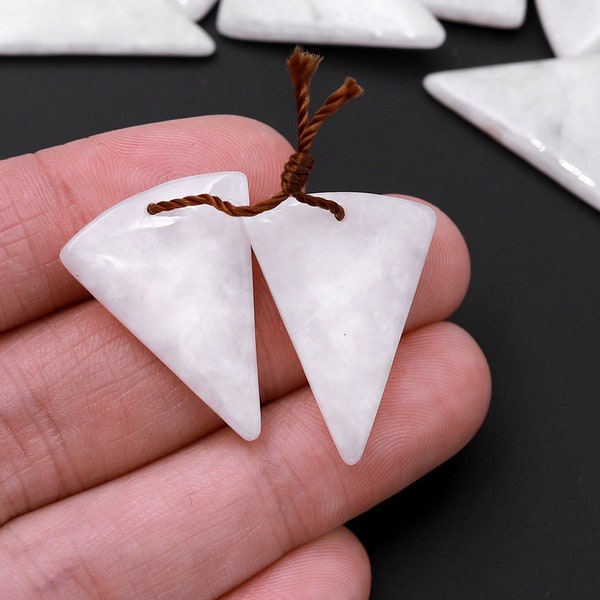 Icy Natural Real Genuine Burma White Jade Triangle Earring Pair Drilled Gemstone Matched Beads