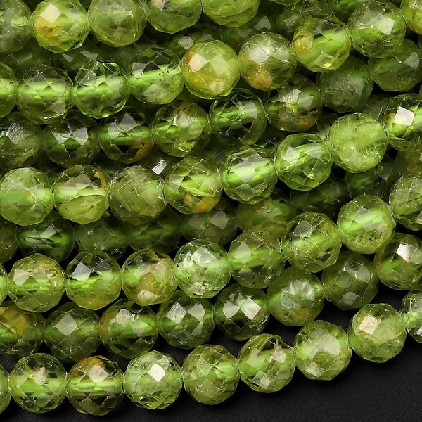 Faceted Natural Green Peridot 5mm Round Beads Micro Diamond Cut Gemstone 15.5" Strand