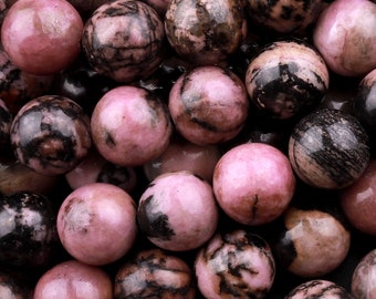 Natural Pink Rhodonite Beads 4mm 6mm 8mm 10mm Round Beads Earthy Pink Interesting Black Matrix Beads 15.5" Strand