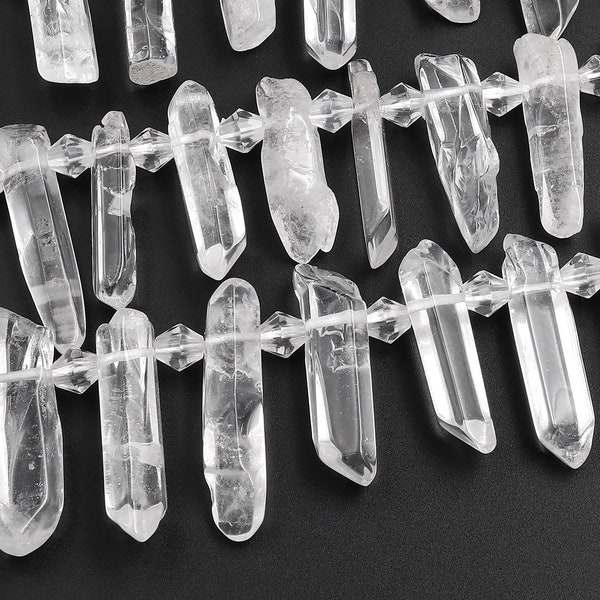 Natural Raw Rock Crystal Quartz Beads Points Spikes Top Side Drilled Freeform Clear White Quartz 15.5" Strand