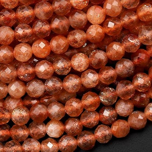 AAA Faceted Natural Sunstone Round Beads 4mm Orange Gold Gemstone 15.5&quot; Strand