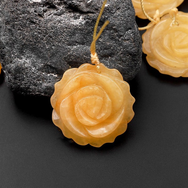 AAA Hand Carved Natural Yellow Jade Rose Flower Pendant Gemstone Focal Bead