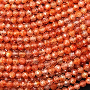 AAA Faceted Natural Orange Sunstone Round Beads 3mm 4mm Gemstone Feldspar Fire 15.5&quot; Strand