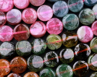 Natural Pink Green Yellow Blue Tourmaline Coin Beads 4mm 5mm 6mm 7mm Vibrant Multicolor Gemstone 15.5" Strand