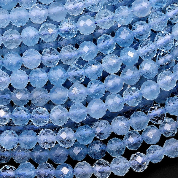 AAA Faceted Natural Blue Aquamarine 4mm Round Beads Extra Translucent Micro Laser Diamond Cut Gemstone 15.5" Strand