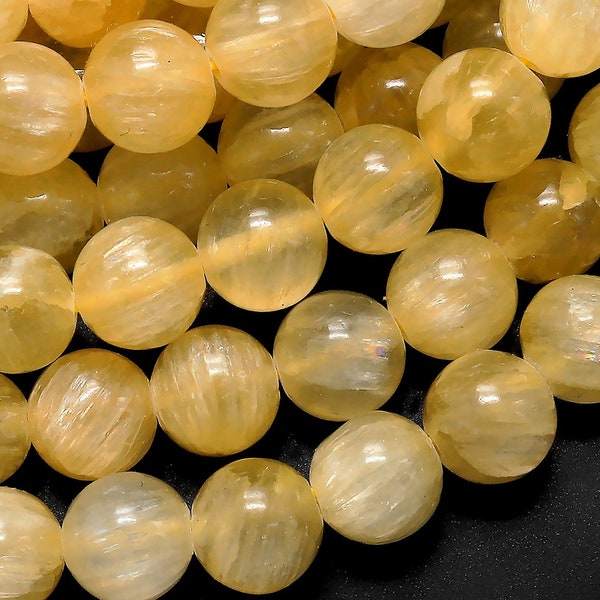 Rare Chatoyant Natural Honey Yellow Calcite Round Beads 4mm 6mm 8mm 10mm Flashy Fiber Aka Golden Selenite 15.5" Strand