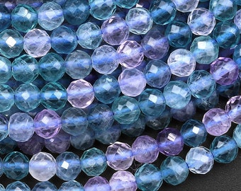 AAA Natürlicher Fluorit facettiert 3 mm 4 mm runde Perlen Gemmy Lila Blau Grün Edelstein 15,5 "Strang