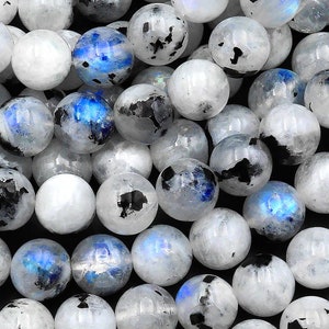 Rainbow Moonstone 6mm 8mm 10mm 12mm Round Beads Blue Flashes W Black Tourmaline 15.5" Strand