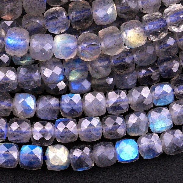 AAA Natural Blue Labradorite Micro Faceted 2mm 3mm 4mm Cube Dice Square Beads 15.5" Strand
