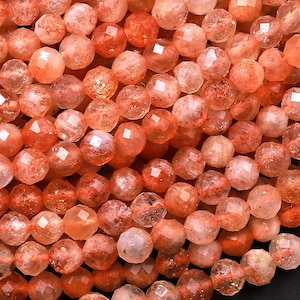 AAA Faceted Natural Sunstone 4mm 5mm Round Beads Sparkling Micro Diamond Cut Gemstone 15.5&quot; Strand