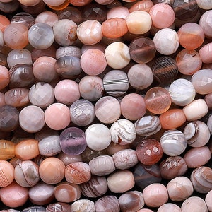 Faceted Natural Peach Botswana Agate 4mm Coin Beads Salmon Peach Pink Gemstone 15.5&quot; Strand