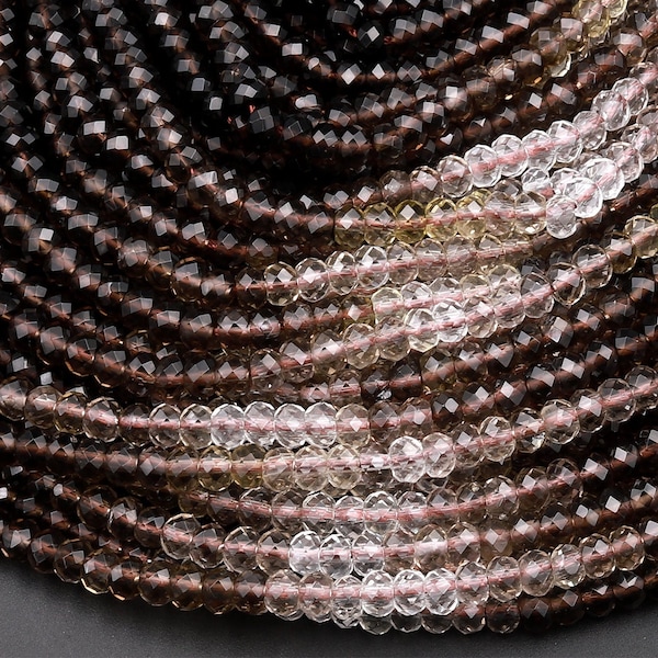 AAA Micro Faceted Multicolor Natural Smoky Quartz Rondelle Beads 4mm Laser Diamond Cut Gemstone 15.5" Strand