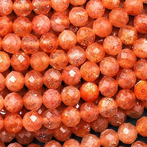 AAA Faceted Natural Fiery Orange Sunstone Round Beads 4mm Sparkling Gemstone 15.5&quot; Strand