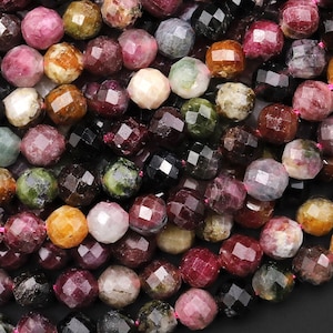 Faceted Natural Green Cognac Red Fuchsia Pink Rubellite Tourmaline 5mm Round Beads Micro Diamond Cut Gemstone 15.5" Strand