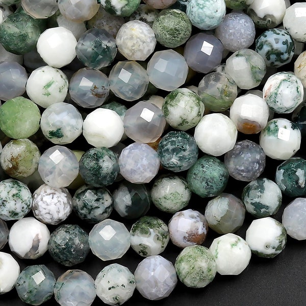 Faceted Natural Green Moss Agate 4mm 6mm Round Beads Laser Diamond Micro Cut Gemstone 15.5" Strand