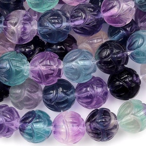 Natural Green Purple Fluorite Carved Lotus Flower Round Beads 10mm 3D