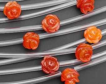 Sunkissed Natural Orange Red Carnelian Hand Carved Rose Flower Gemstone Beads 8mm 10mm 8"