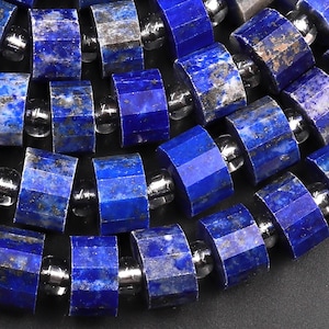 Natural Blue Lapis Faceted Short Tube Cylinder Rondelle 6mm 8mm Beads 15.5&quot; Strand