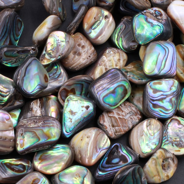 Natural Abalone Freeform Nugget Irregular Shaped Beads Iridescent Rainbow Glow Blue Green Red Pink Flash 15.5" Strand