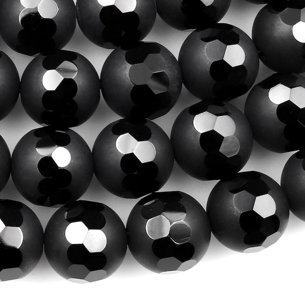 Half Matte Half Faceted Natural Black Onyx 6mm 8mm 10mm Round Beads Sparkling Diamond Cut 15.5" Strand