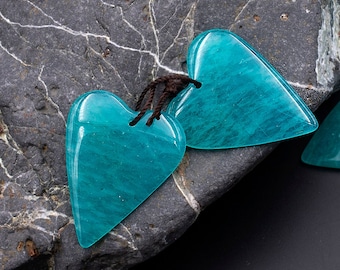 Natural Peruvian Amazonite Deep Aqua Blue Green Heart Earring Pair Drilled Gemstone Matched Beads