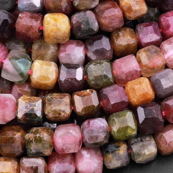 Natural Tourmaline Faceted 4mm 6mm Cube Square Dice Beads Cognac Brown Pink Green Gemstone 15.5" Strand