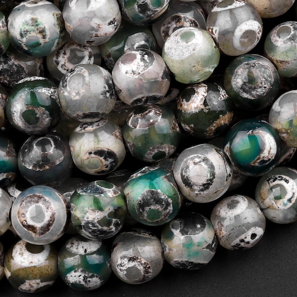 Tibetan Agate 8mm Round Beads Dzi Agate Green Eye Matte Mala Antique Boho Beads 14.5" Strand