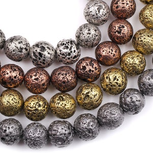 Natural Volcanic Lava Round Bead 6mm 8mm 10mm Titanium Plated Coated Antique Silver Copper Bronze Gold Black Gunmetal 15.5 Strand image 1