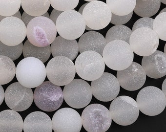 Matte Natural White Druzy Agate 8mm Round Beads With Quartz Crystal Pocket Cave 15.5" Strand