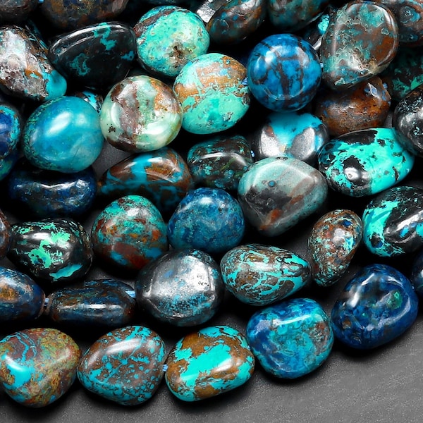 Natural Shattuckite Freeform Oval Pebble Nugget Beads Blue Azurite Malachite Chrysocolla Gemstone From Congo 15.5" Strand