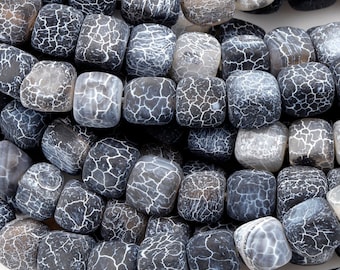 Matte Finish Tibetan Fire Agate Beads 6mm 8mm Square Dice Cube Cracked Agate Dragon Skin Agate Nuggets 15.5" Strand