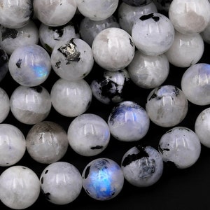 Rainbow Moonstone 6mm 8mm 10mm Round Beads W/ Black Tourmaline 15.5&quot; Strand