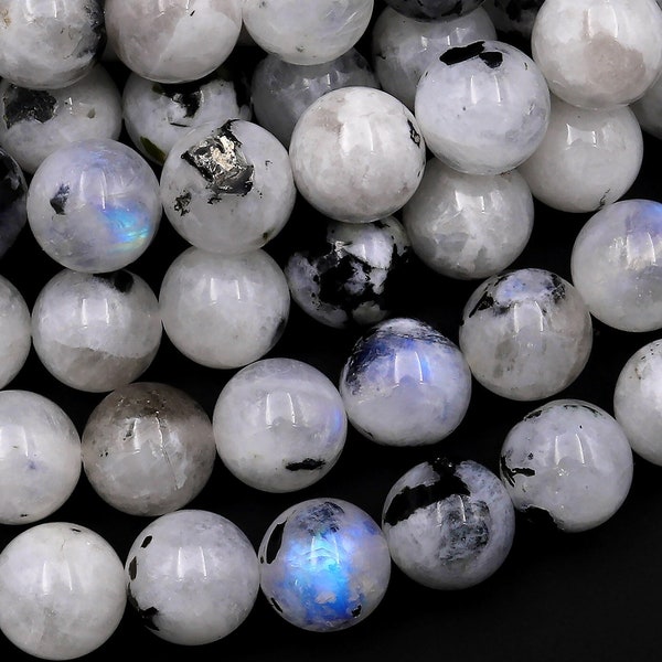 Rainbow Moonstone 6mm 8mm 10mm Round Beads W/ Black Tourmaline 15.5" Strand